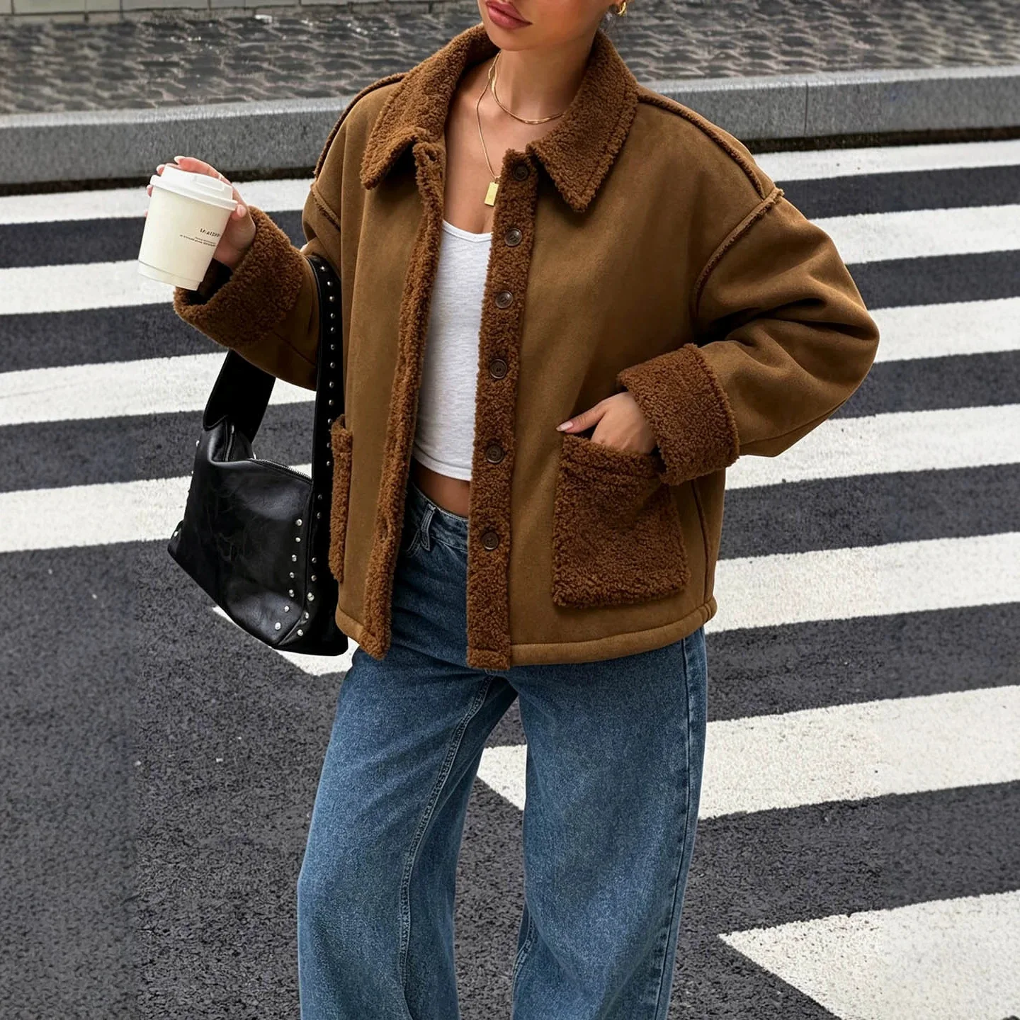 Random Style Lapel. Plush Jacket With Suede Texture And Lamb Wool. Necklace Loose-fitting Short Warm Jacket Y2k、 Luxury Maxi