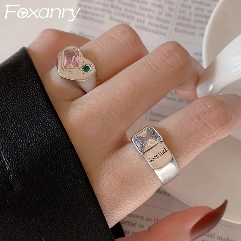 FOXANRY Stamp Sparkling Zircon Rings Wedding Jewelry for Women New Fashion Creative LOVE Heart Party Accessories