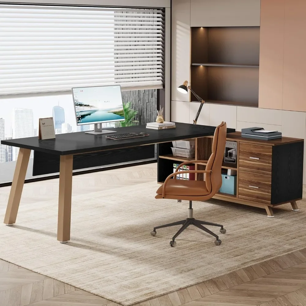 

78.7-Inch Executive Desk, L-Shaped Desk with 55-Inch Cabinet, Large Office Desk with Storage Shelves, Modern Computer Desk