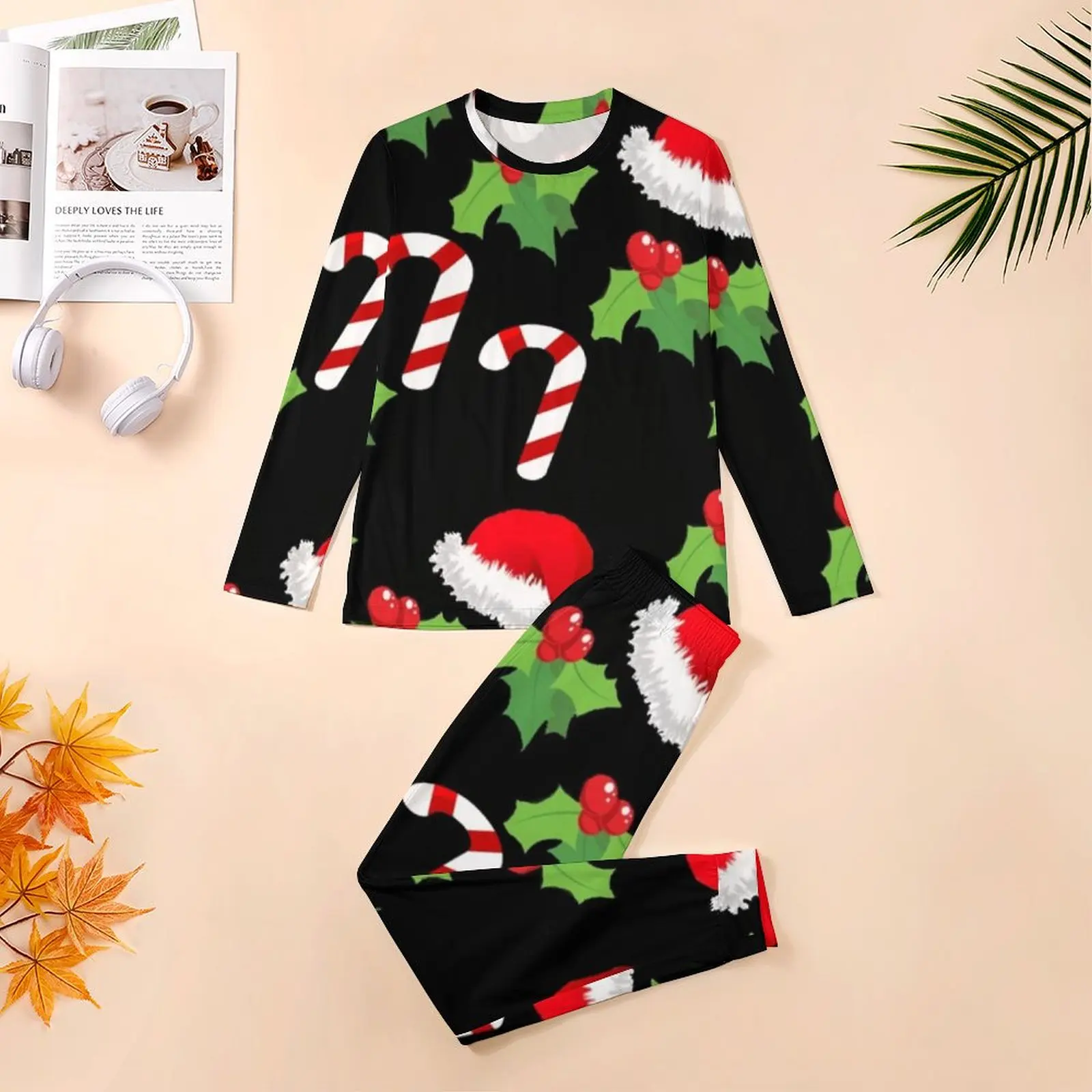 Christmas Hat Print Pajamas Daily Cartoon Christmas Bedroom Nightwear Male 2 Pieces Custom Long Sleeves Big Size Pajamas Set