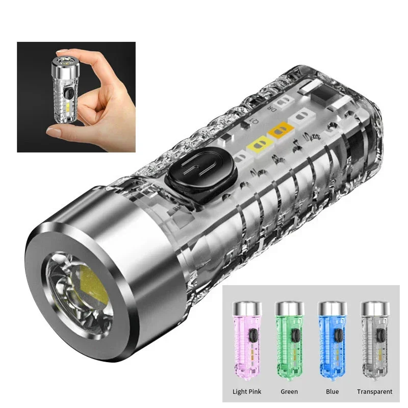 MINI Keychain Flashlight Rechargeable Light Emergency Light with Multicolor Side Lights 7 Lighting Modes For Camping, Home