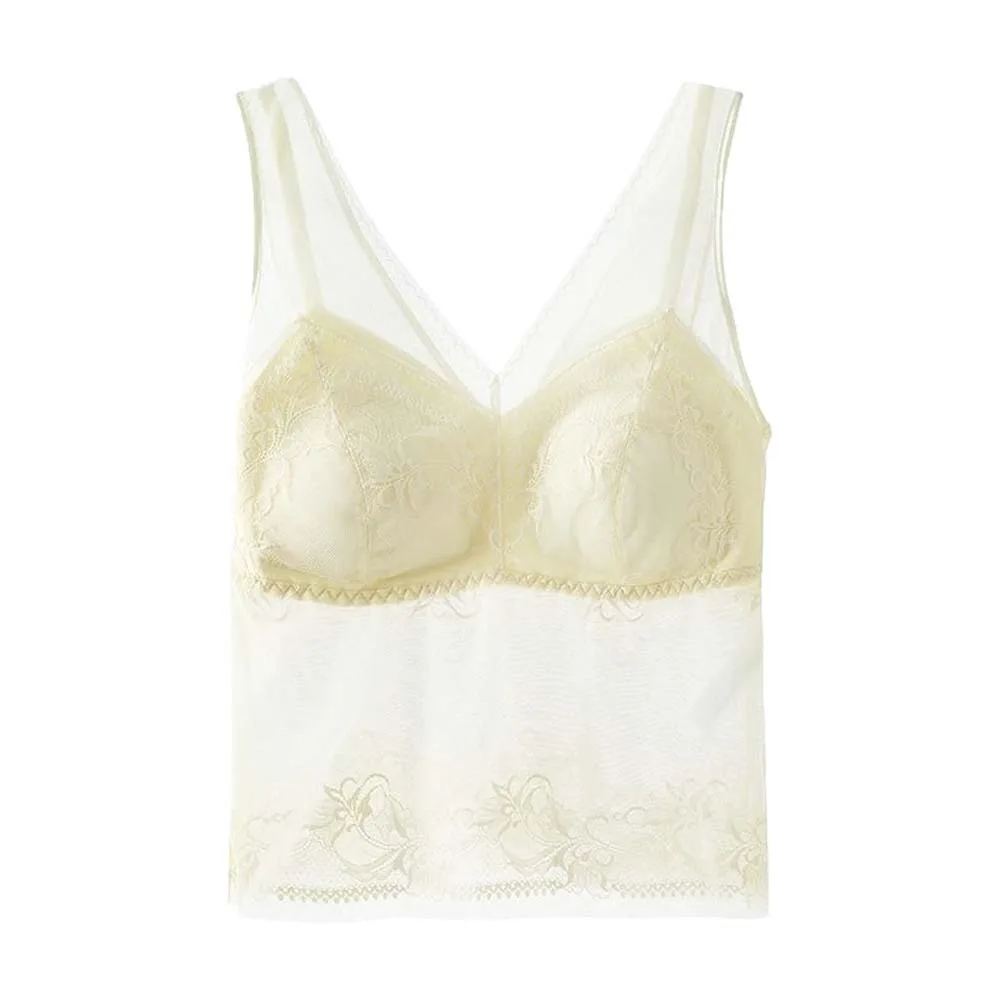 

Chic Mesh Flower Slim Lace Crop Top Bottoming Shirt Sweet Girl's Vest Top Vest Spicy Girls Style Camisole with Pads Women