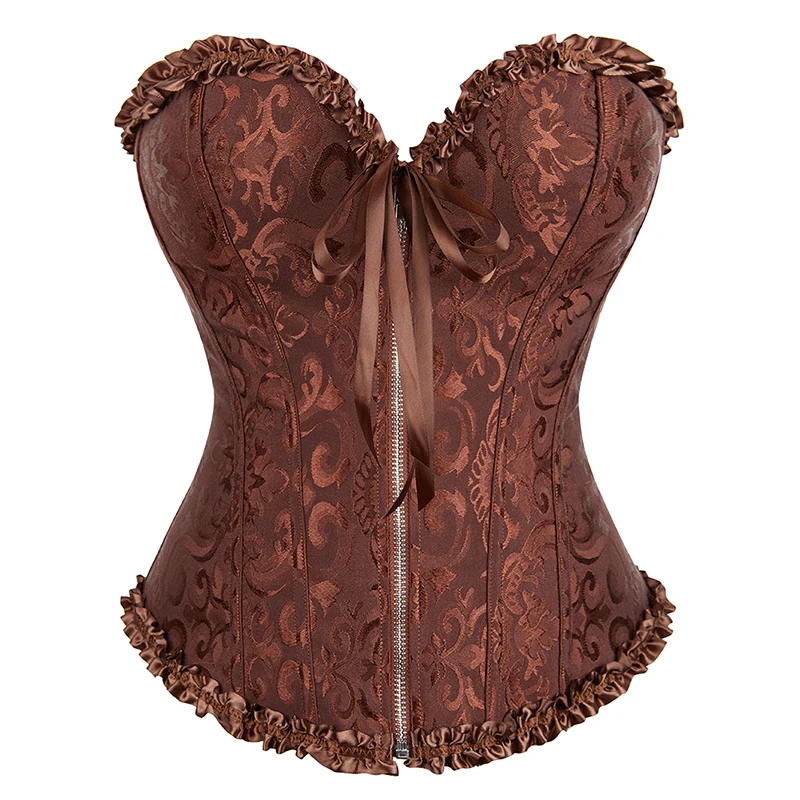 Overbust Corset Zipper Waist Bustier Top Black White Brown Pink Beige Red Blue Elegant Basques Corselet