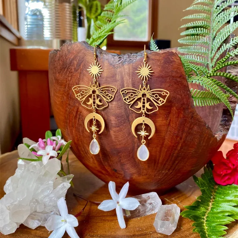 Boho Hippie Celestial Moonstone Moth Earrings Hypoallergenic Fairy Handmade Creativity Novelty Jewelry Women Gift Statement