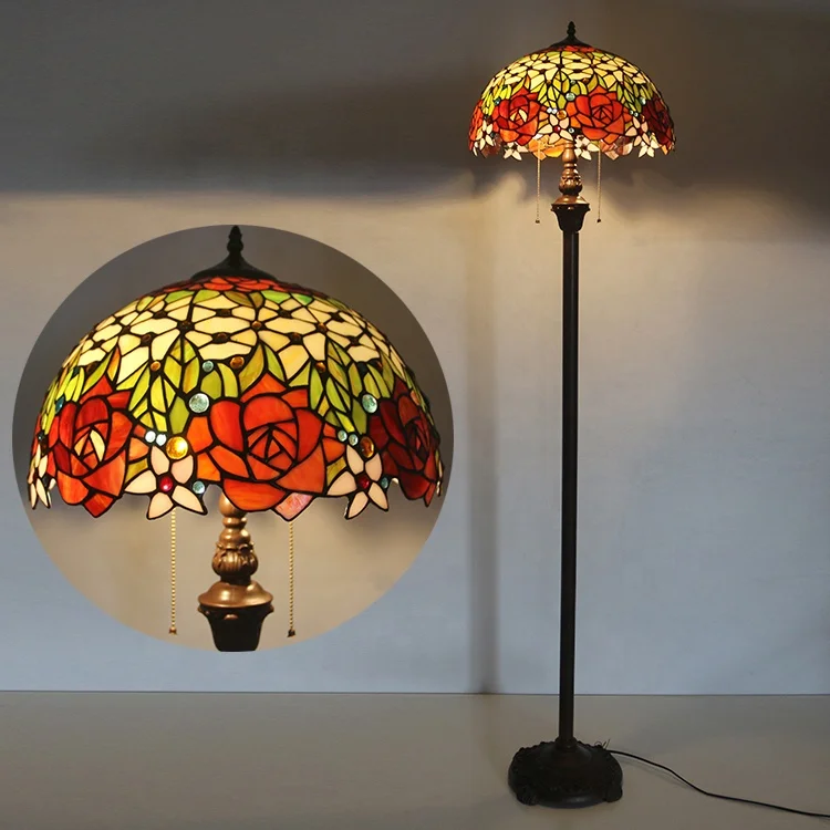 LongHuiJing 16 Inch Tiffany Floor Lamp with Stained Blooming Rose Pattern Lampshade Lights