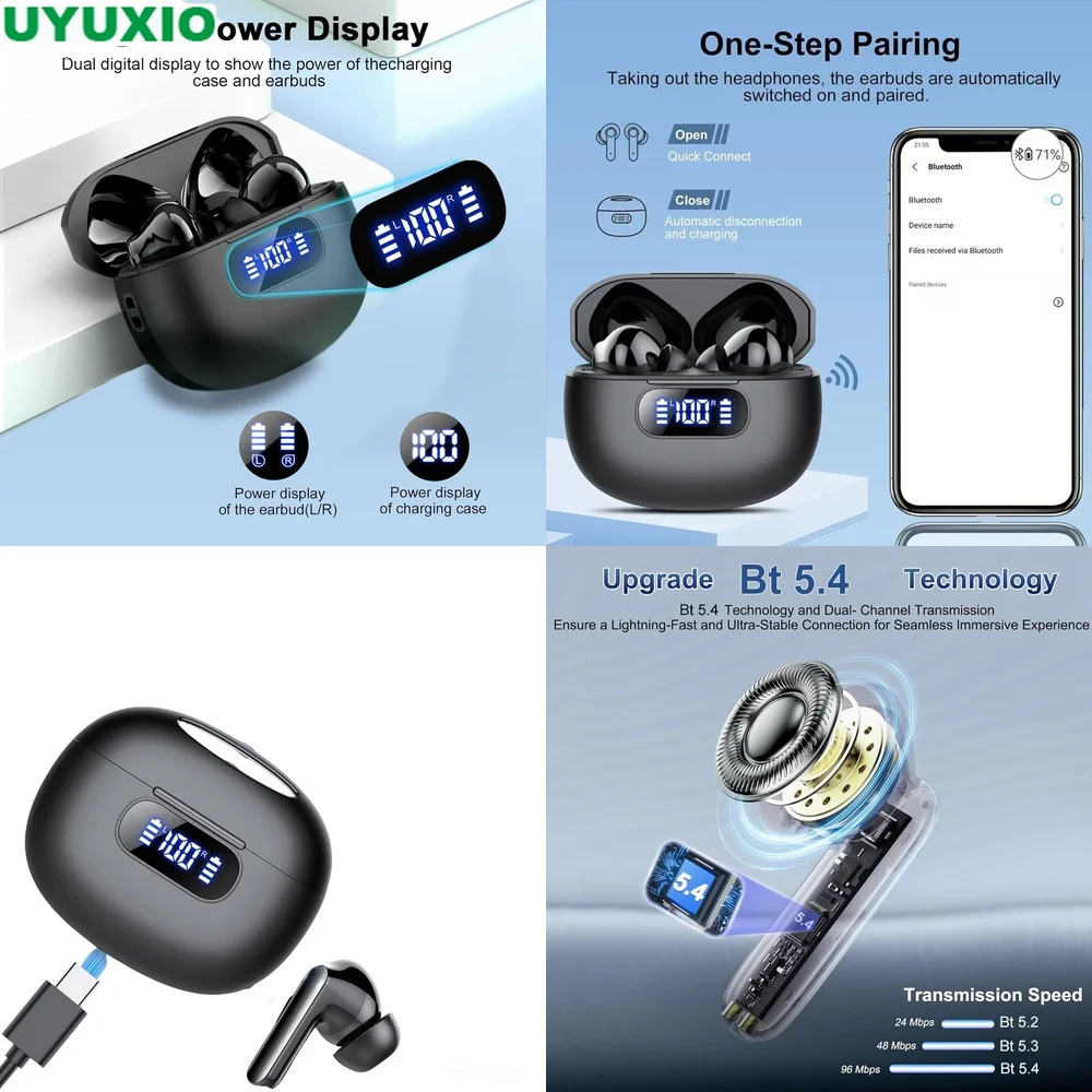 Wireless Ear Buds Pro with Smart LED Screen 50H Long Battery HiFi Stereo Sound for Daily Relax and Leisure
