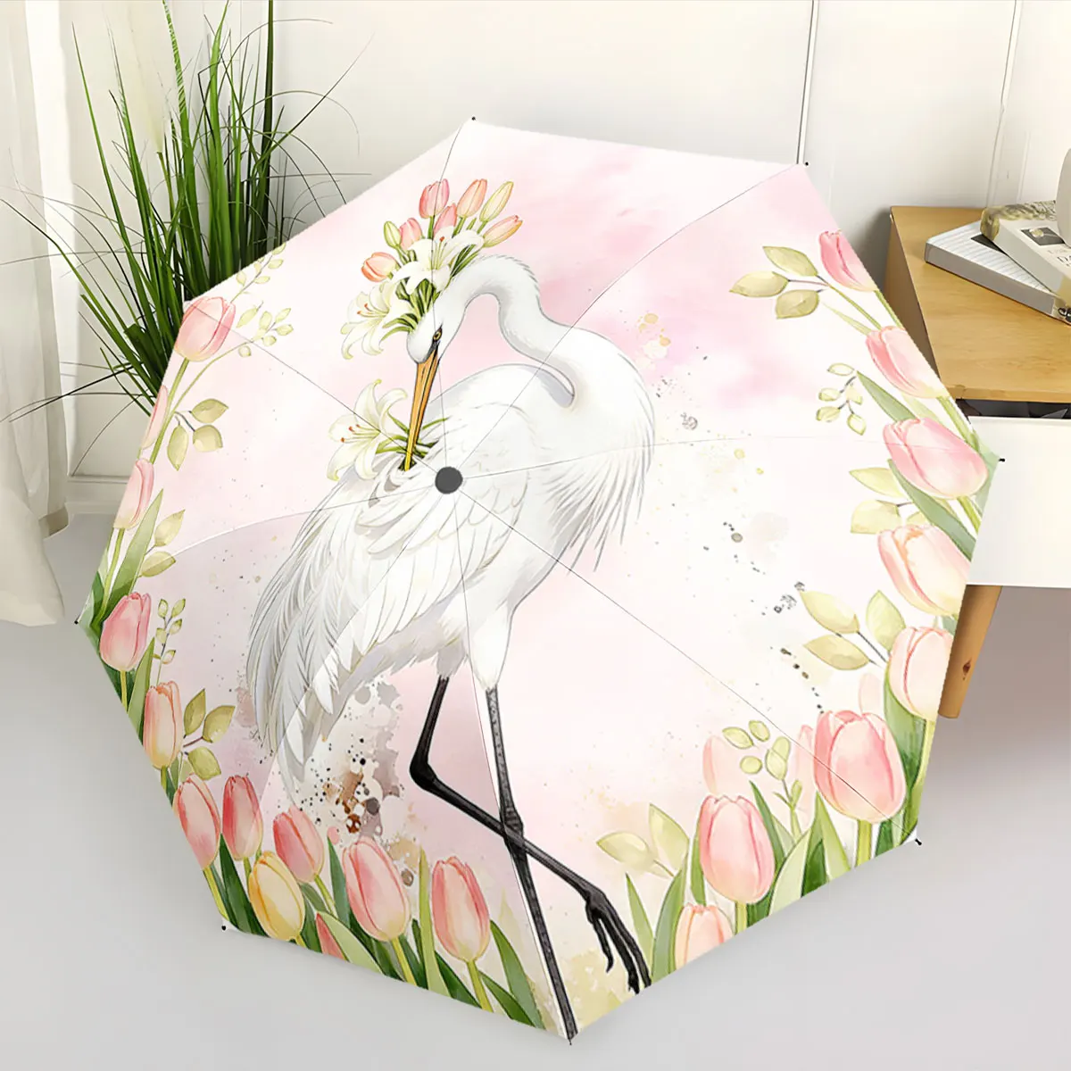 1PC Elegant Crane Umbrella with Floral Design Print 8 Iron Ribs Folding Umbrella Auto-Open Fashion Sunshade