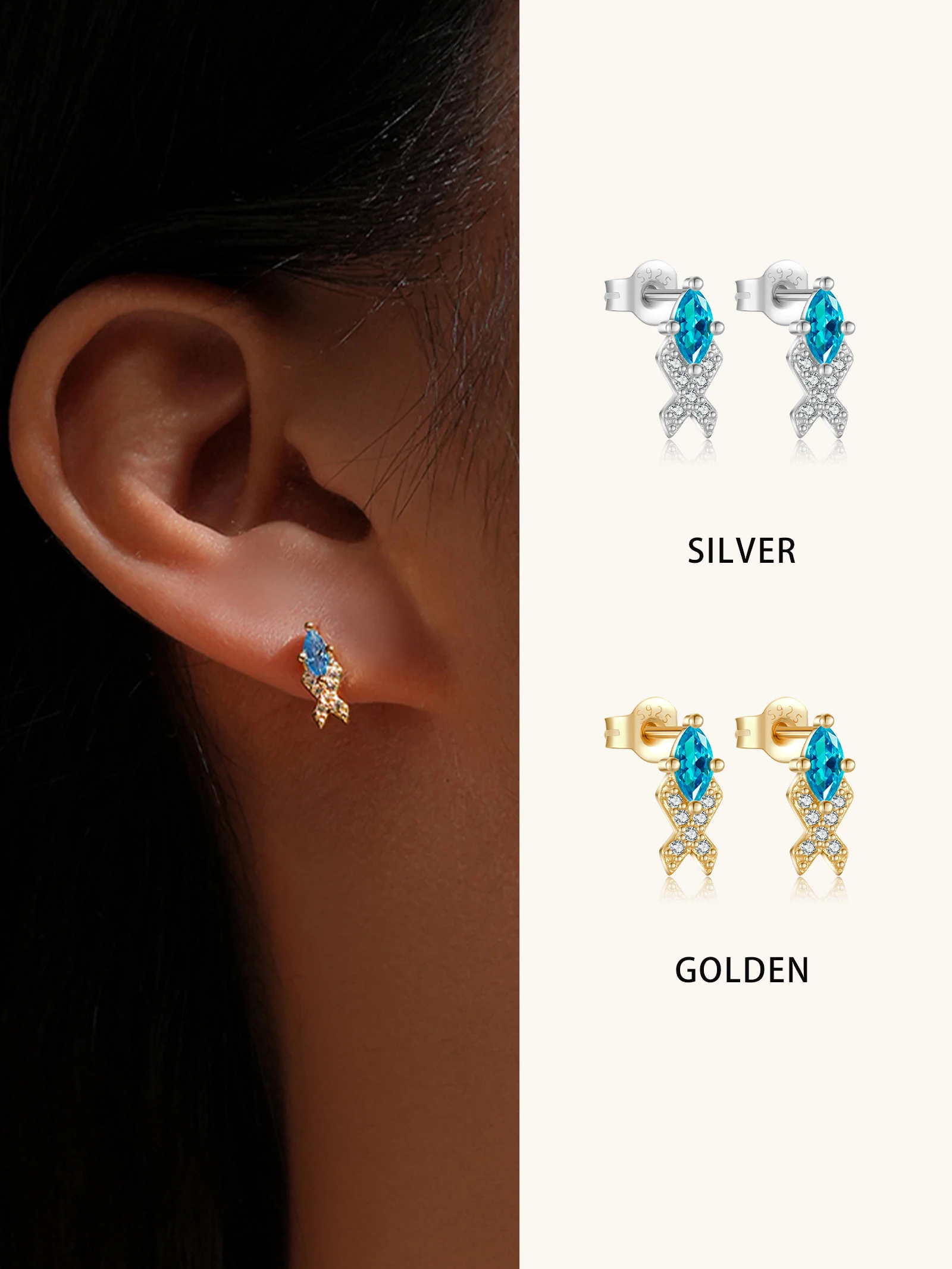 

ANDYWEN 925 Sterling Silver Fish-Shaped Stud Earrings with Blue Marquise Zircon Circle CZ - Cute Luxury Jewelry Gift for Women