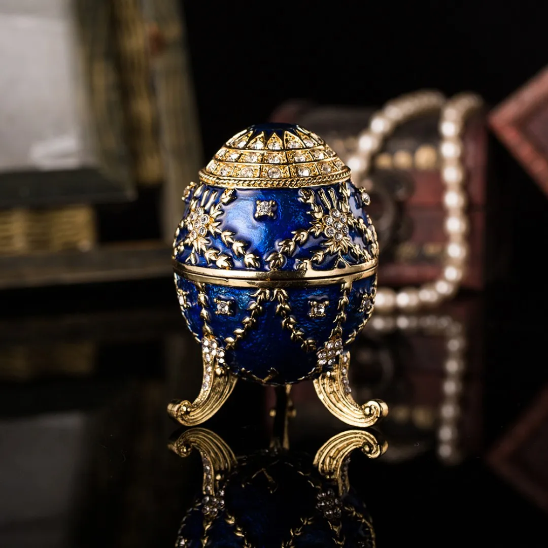 QIFU New Arrive Easter Fabeger Egg Blue Trinket Jewelry Boxes for Home Decor