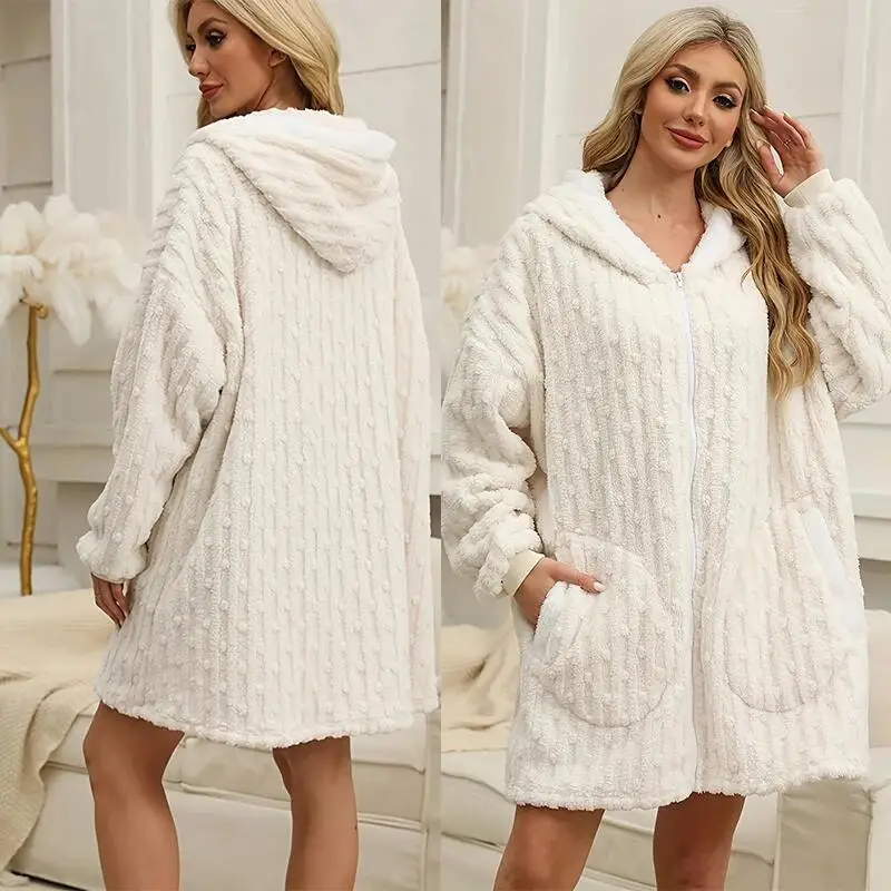 Zipper Hooded Coral Fleece Nightgown Sleepwear Autumn Winter Warm Flannel Bathrobe Gown Short Home Dress Loose Blanket Pajamas