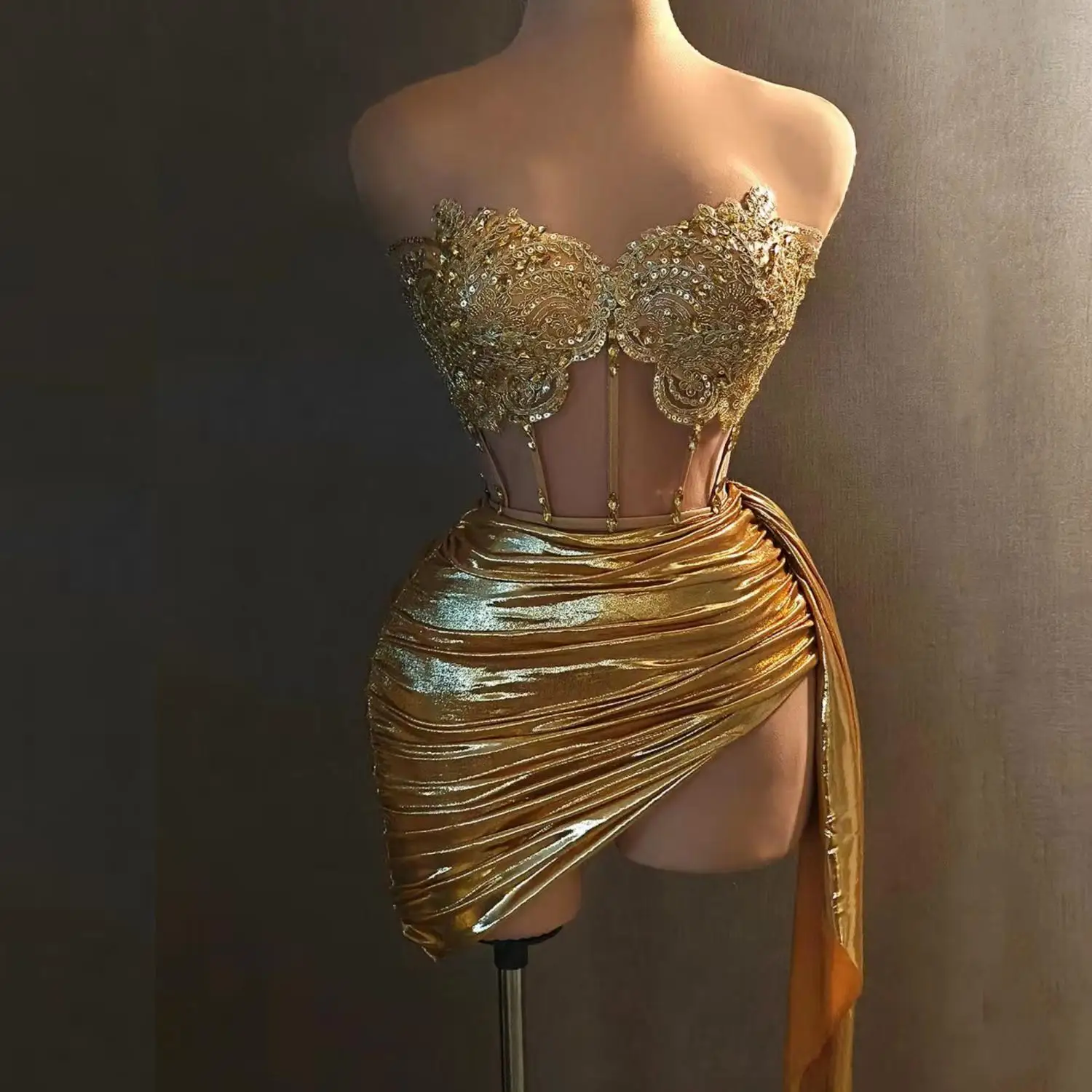 Conjunto dorado de 2 uds., vestido de fiesta de cumpleaños sin tirantes, vestido elegante brillante, club nocturno, escenario, Showgirl, disfraz de actuación Sexy, fiesta