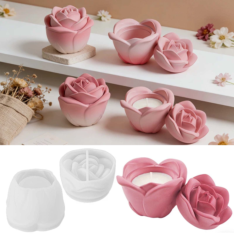 Rosenblüten-Kerzenhalter Silikonform DIY Handgemachte Zement-Beton-Gips Aufbewahrungsbox Blumen-Aromatherapie-Kerzenglas-Form