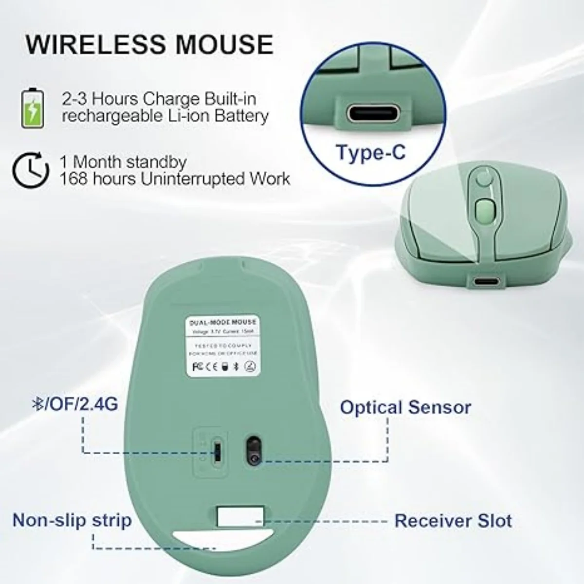 ماوس لاسلكي متوافق مع بلوتوث 2.4G+ - صامت قابل لإعادة الشحن، قبضة مريحة مضادة للانزلاق، عمر 10 أمتار للدراسة المكتبية #3