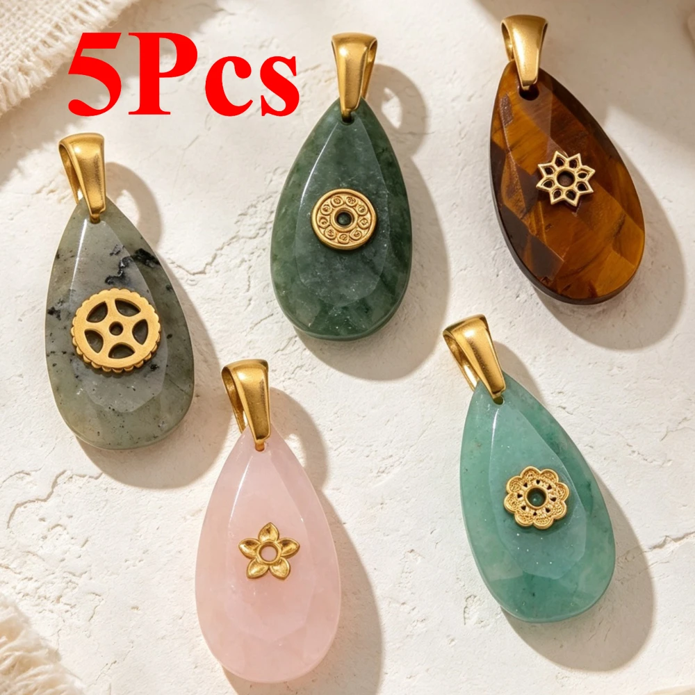 5Pcs Rhombic Natural Stone Water Droplet Charms Inlay Stainless Steel Flower Pendant for Jewelry Making DIY Necklace Accessories