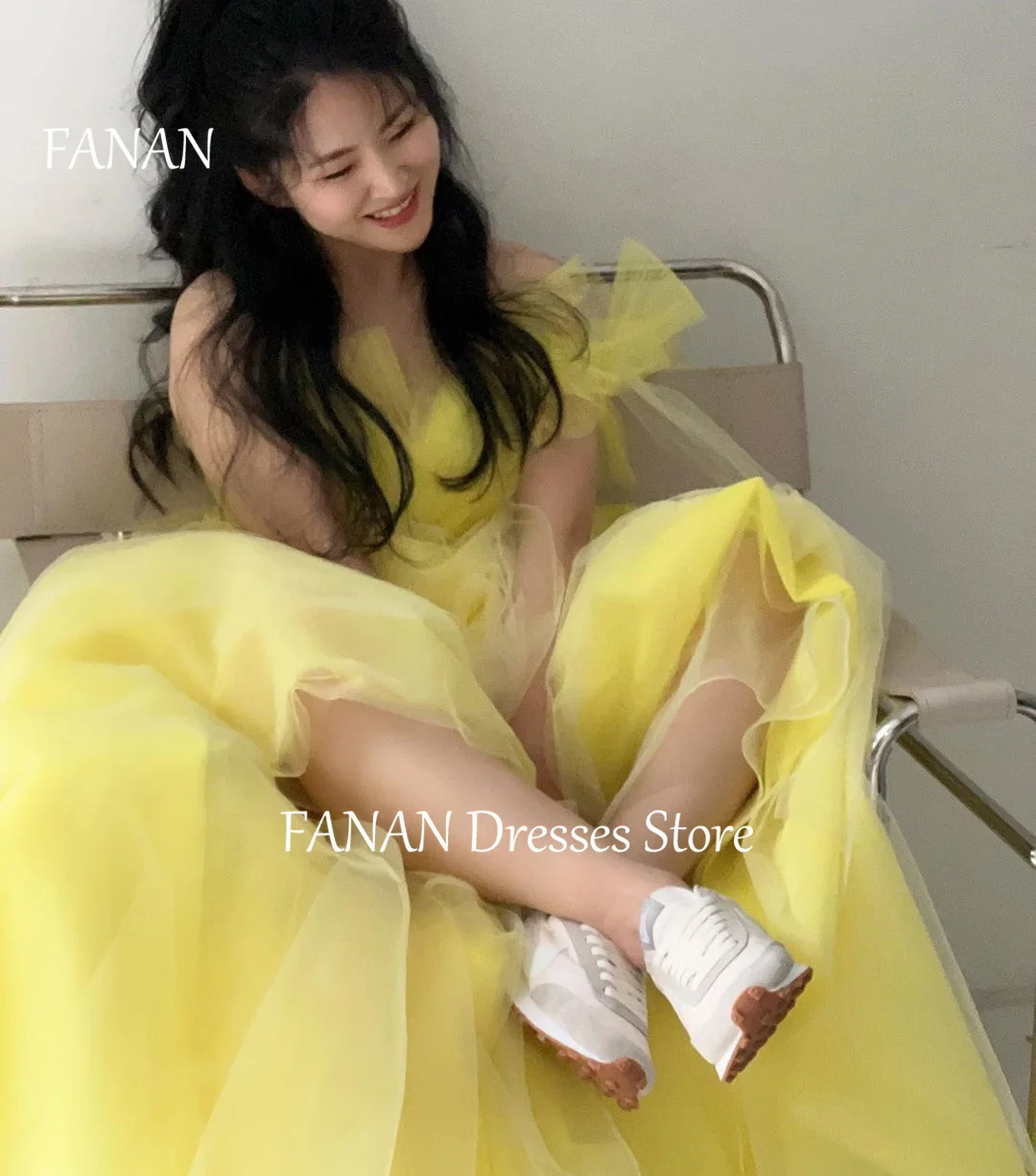 FANAN A-Line Short Sleeves Corset Evening Party Dresses Yellow Korea Corset Tulle Wedding Women Formal Gowns Event Prom Gowns