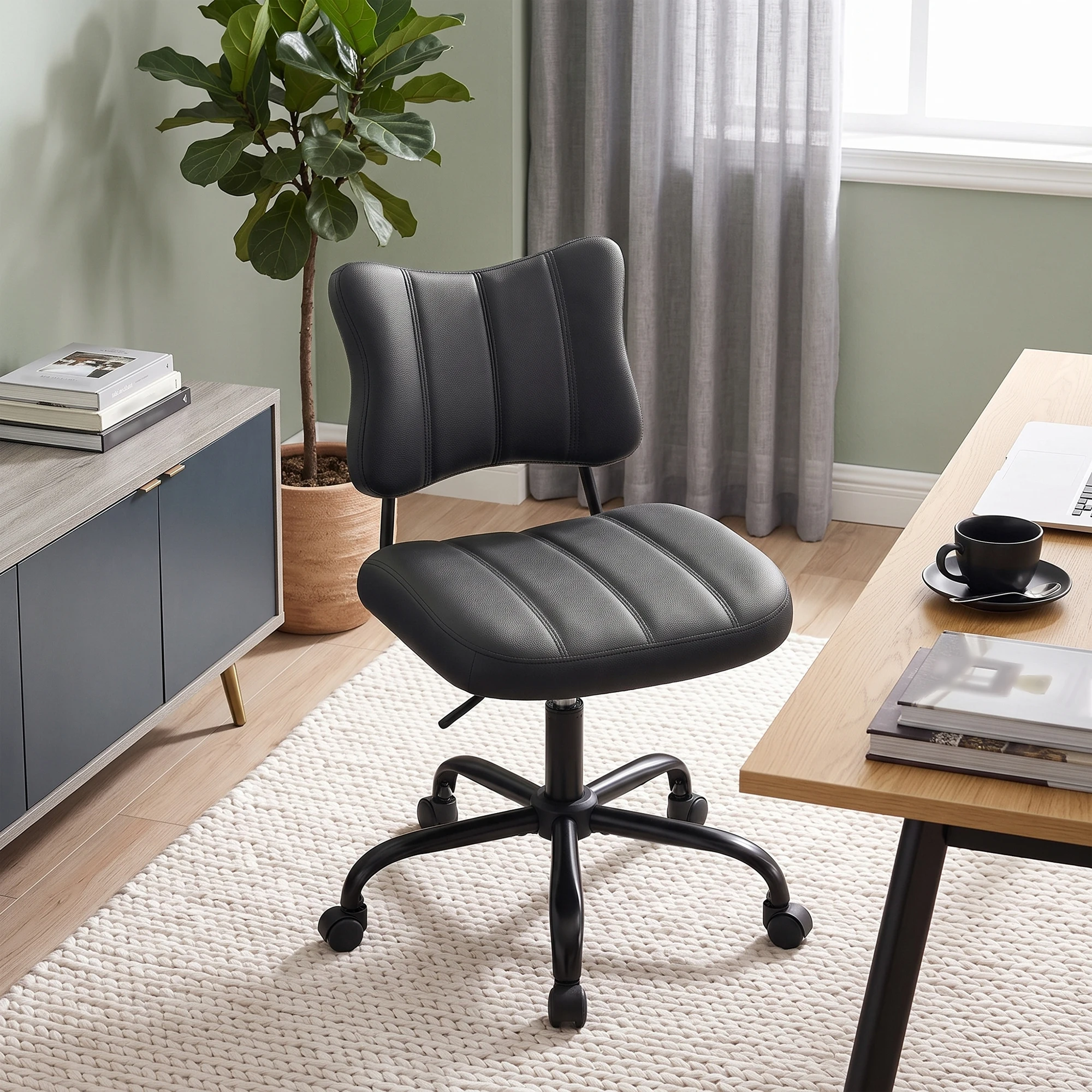 Ergonomic Butterfly Stitched Backrest Office Chair PU Leather Comfortable 360° Swivel Height Adjustable Task Chair with Silent Casters for Home Workspace