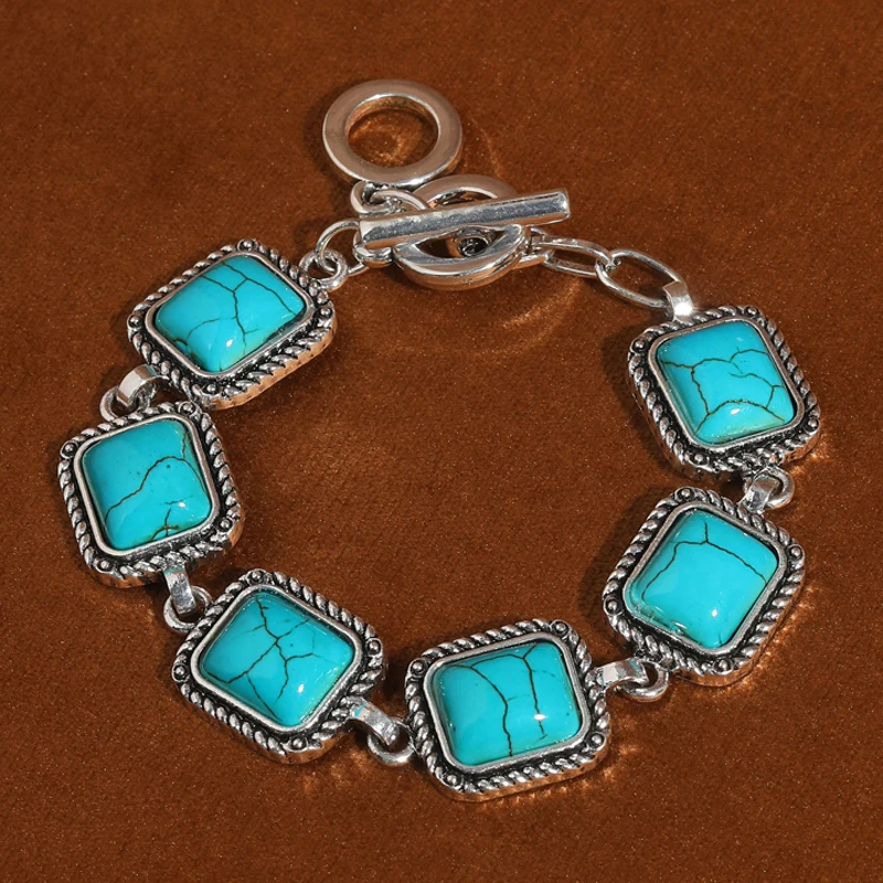 

Vintage Jewelry Square Turquoise Bracelet Retro Style Silver Color Charm Bangle For Woman Bohemia Luxury Girlfriend Gift 2025