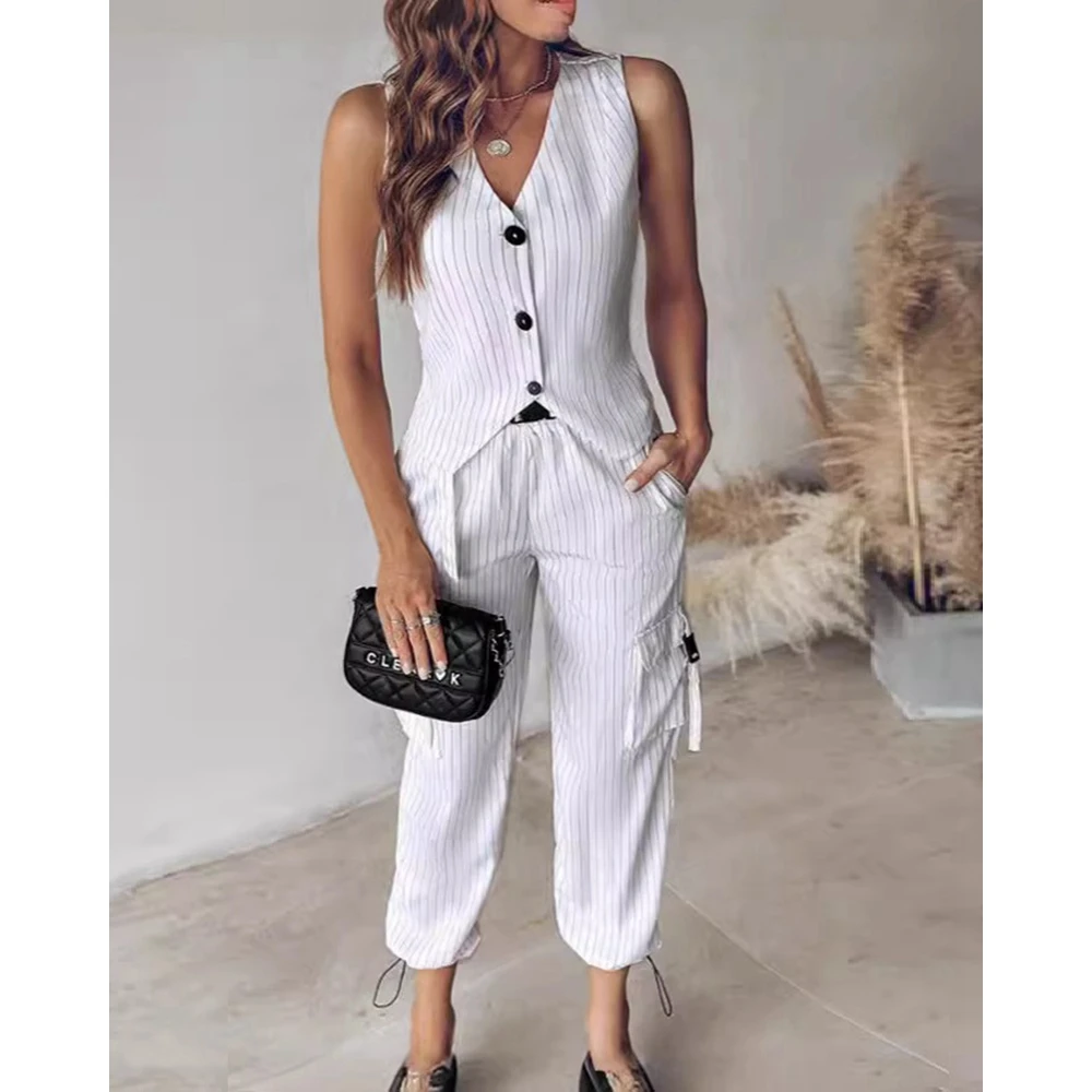 Women Elegant Striped Print Buttoned Sleeveless Vest & Pocket Pants Set Female Two Piece Suit Sets Outfits Set Summer Workwear