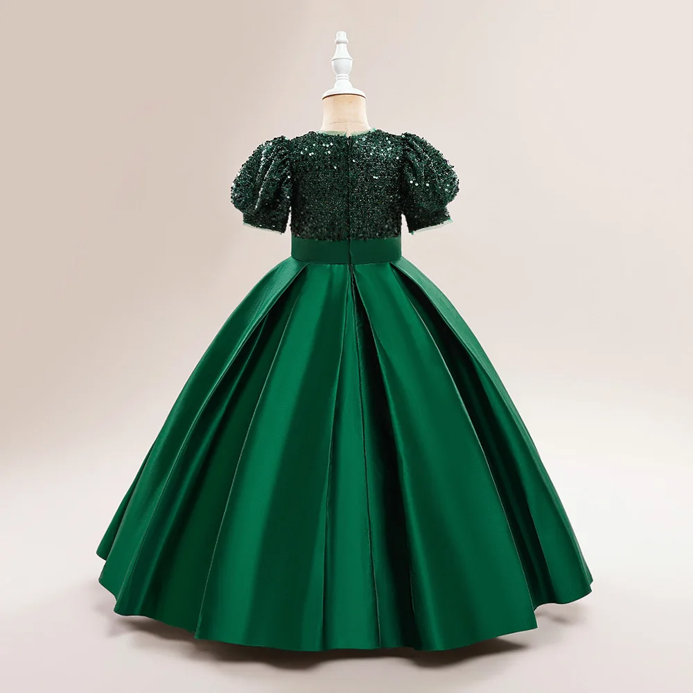 Sequin Elegant Kids Party Dresses For Girls Children Green Christmas Wedding Birthday Gown Bow Girl Princess Evening Dress 4-14Y