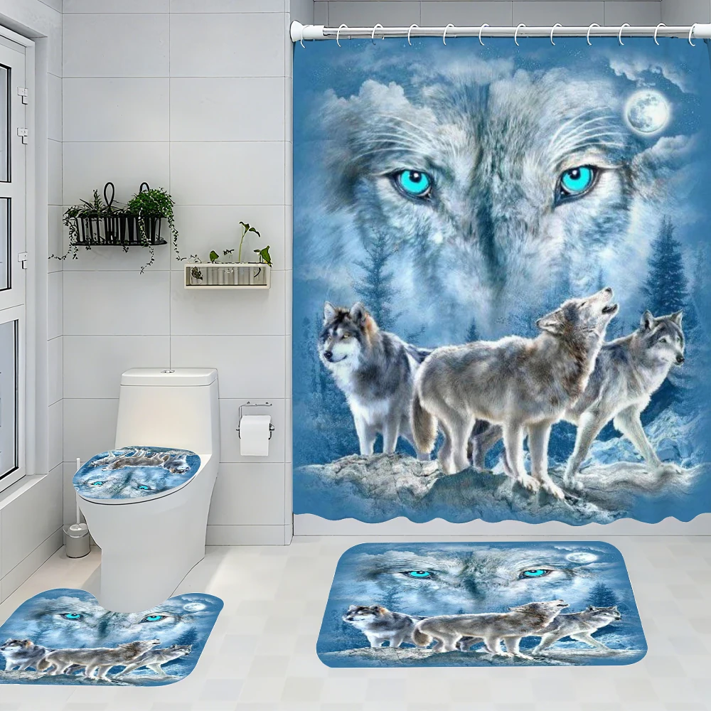 

4pc Arctic Wolf shower curtain, 2D Flat Printing. Bathroom partition curtain, home decoration, modern home curtain installation