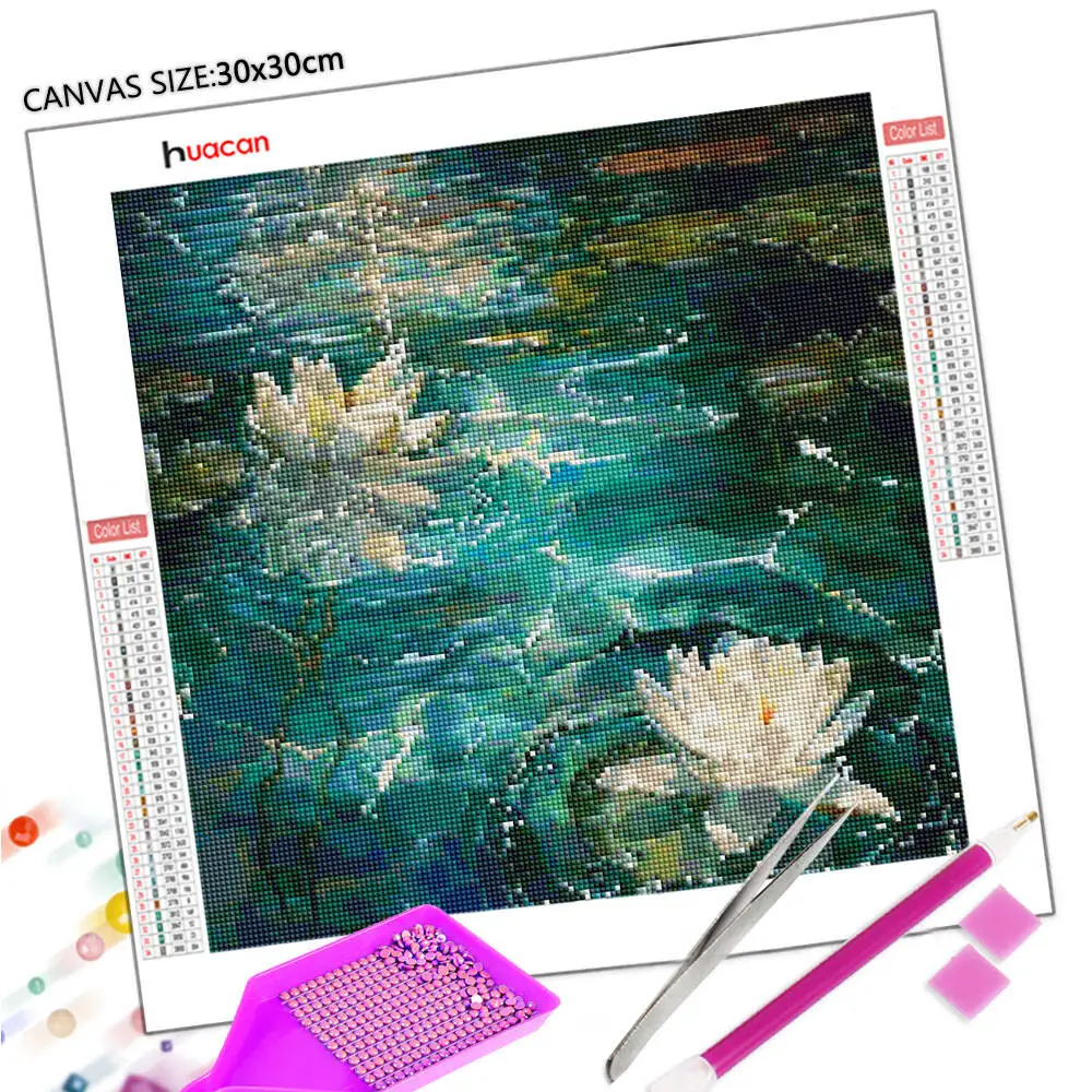 Huacan 5D Diamond Painting Lotus Diamond Mosaic Landscape Flower Complete Kit Wall Decor