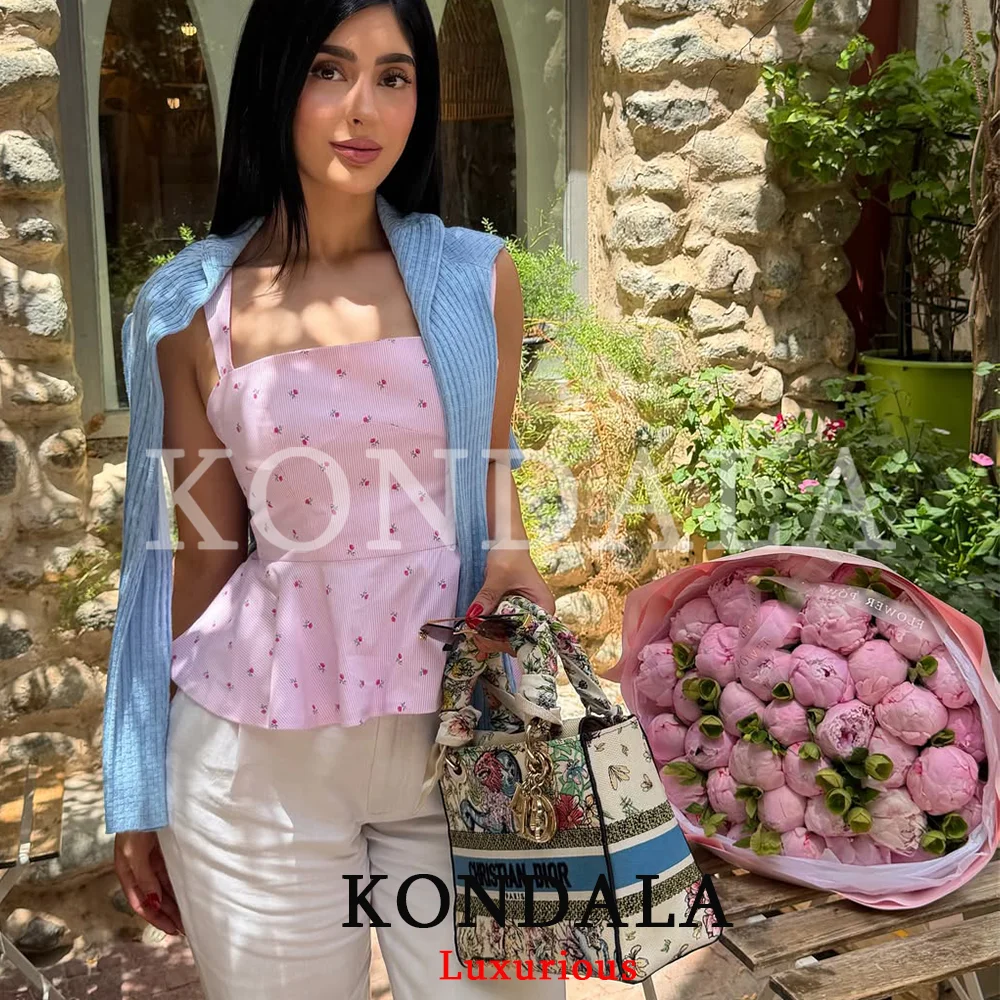 KONDALA Elegant Beach Chic Women Camisole Top Striped Floral Sleeveless Backless Zipper Short Top Fashion 2026 Spring Summer Top