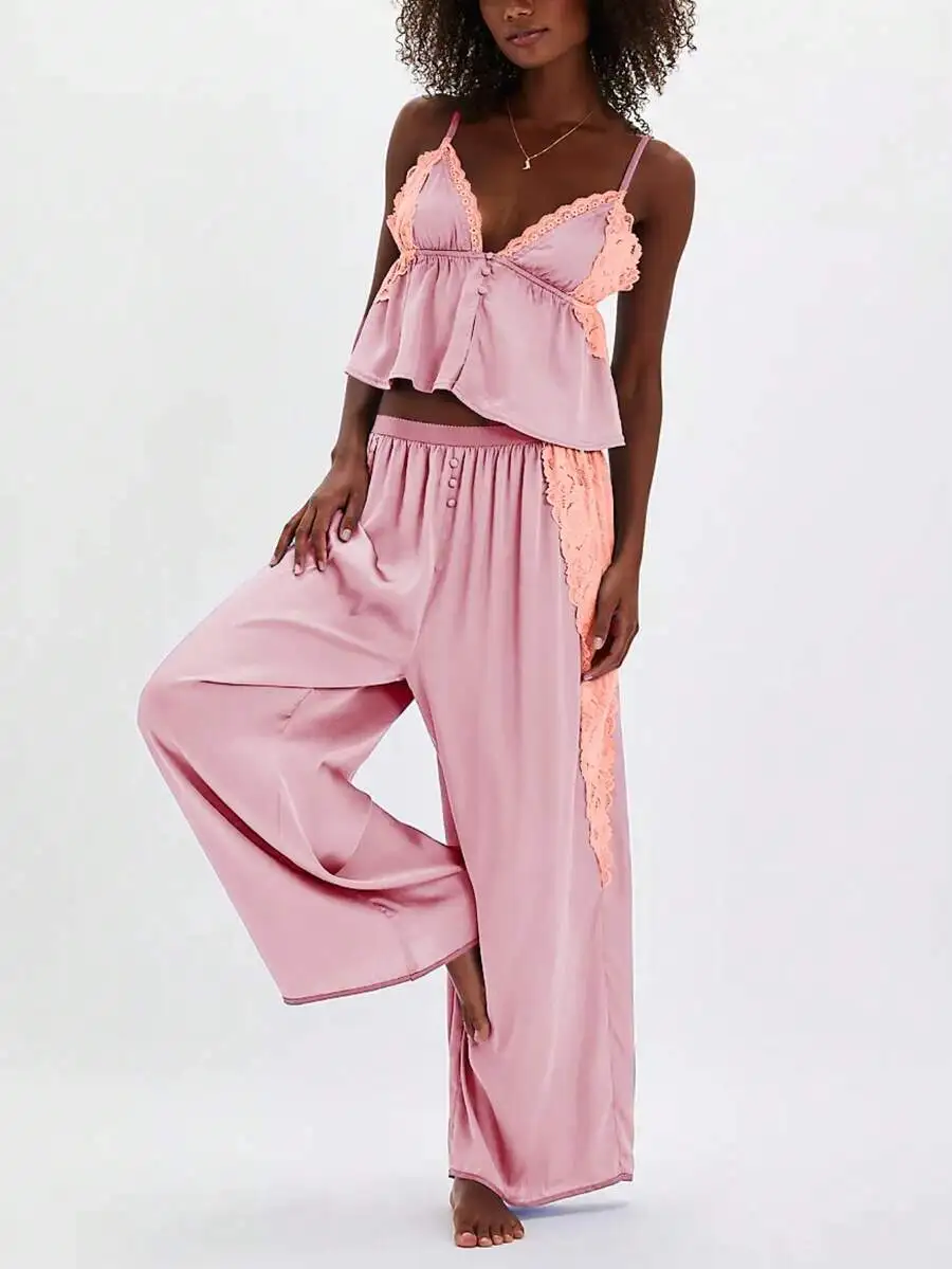 

Womens Lace Patchwork Pajama Set Spaghetti Strap Ruffled Cami Top Wide Leg Pants Sleepwear Loungewear