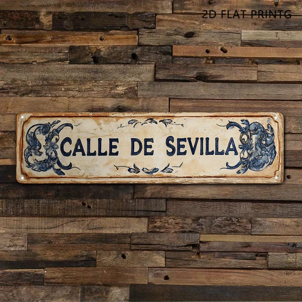 1 Stück 2D Flat Vintage Calle de Sevilla Metallschild – rustikales blaues und weißes florales Aluminiumdekor, ideal für Zuhause/Garten/Bar