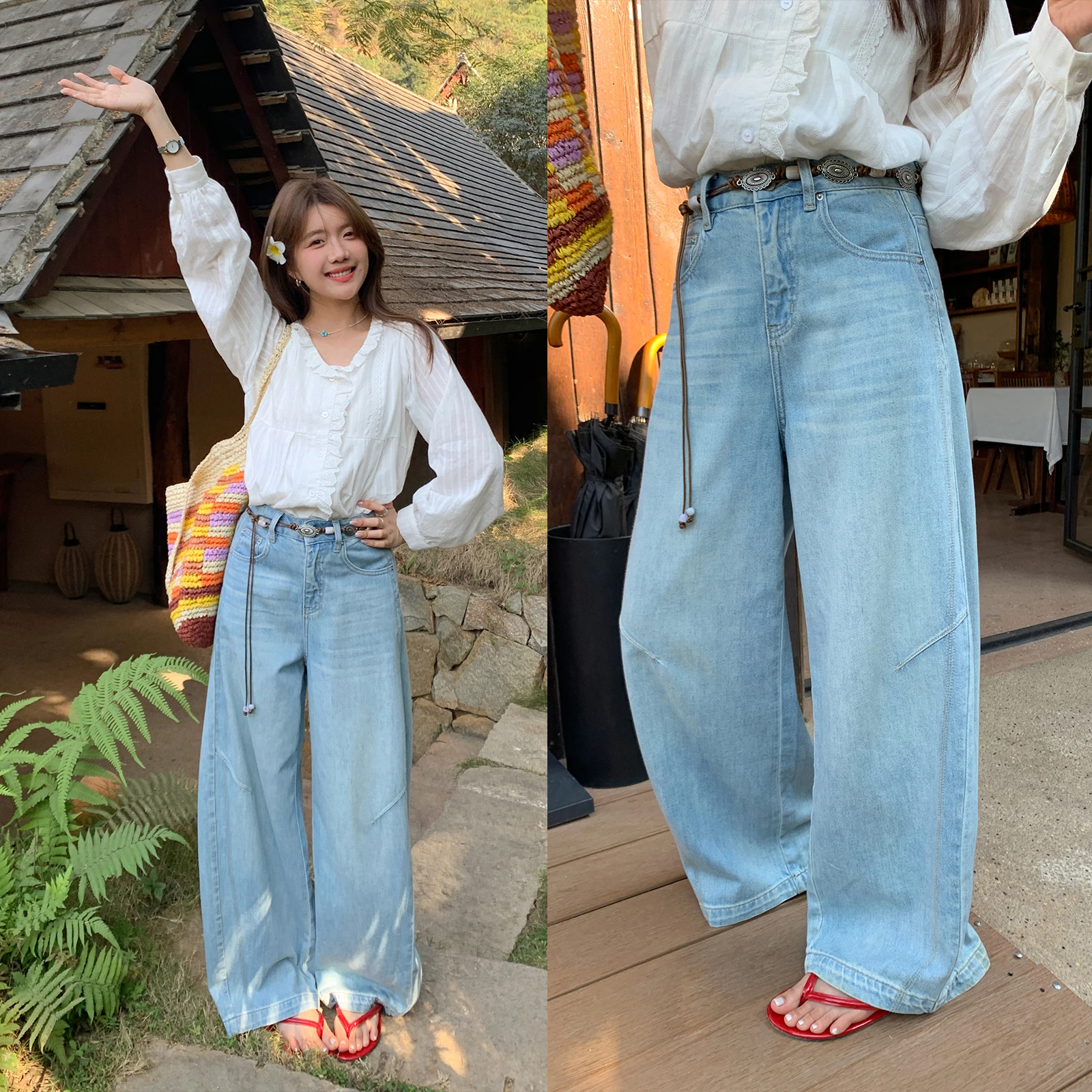 

Sisilyon Denim Player Spring Summer Vintage Faded Knife Wide Leg Jeans Women's Small Size Slimming High Waist Cotton Ble...