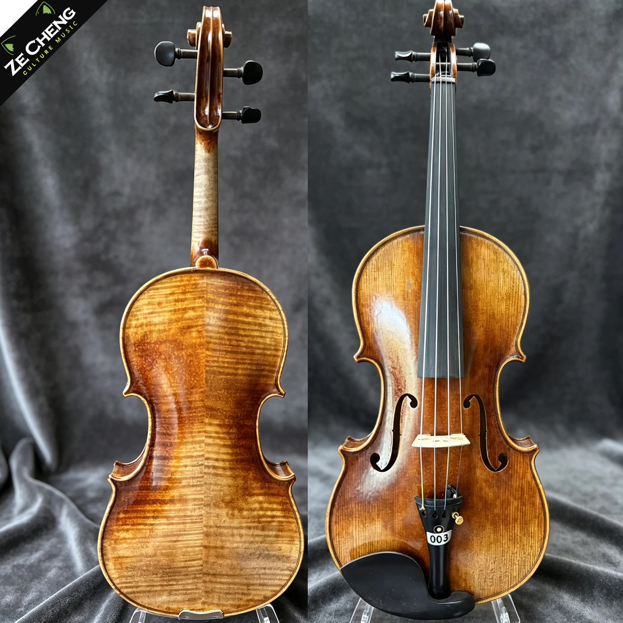 4/4 Handmade Violin Professional, Vintage Finish, Ebony Parts, Flamed Maple Back, Hand-Polished Varnish, Complete Set: Case, Bow