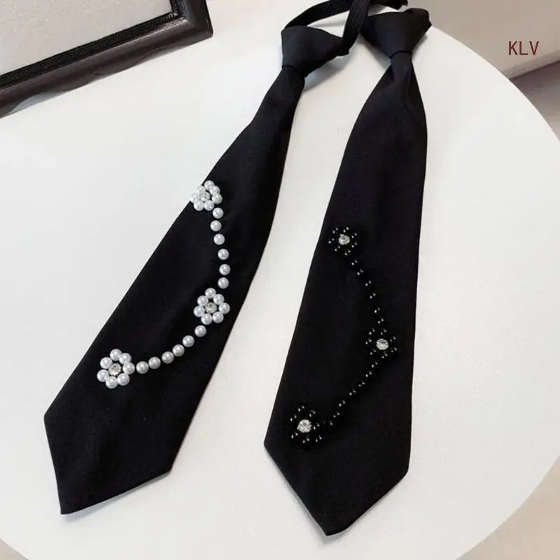 Neckties for Taking Photo Pearl Decor Adult Black Necktie Pre Tied Social Gatherings Neckwear for Wedding Party Suit