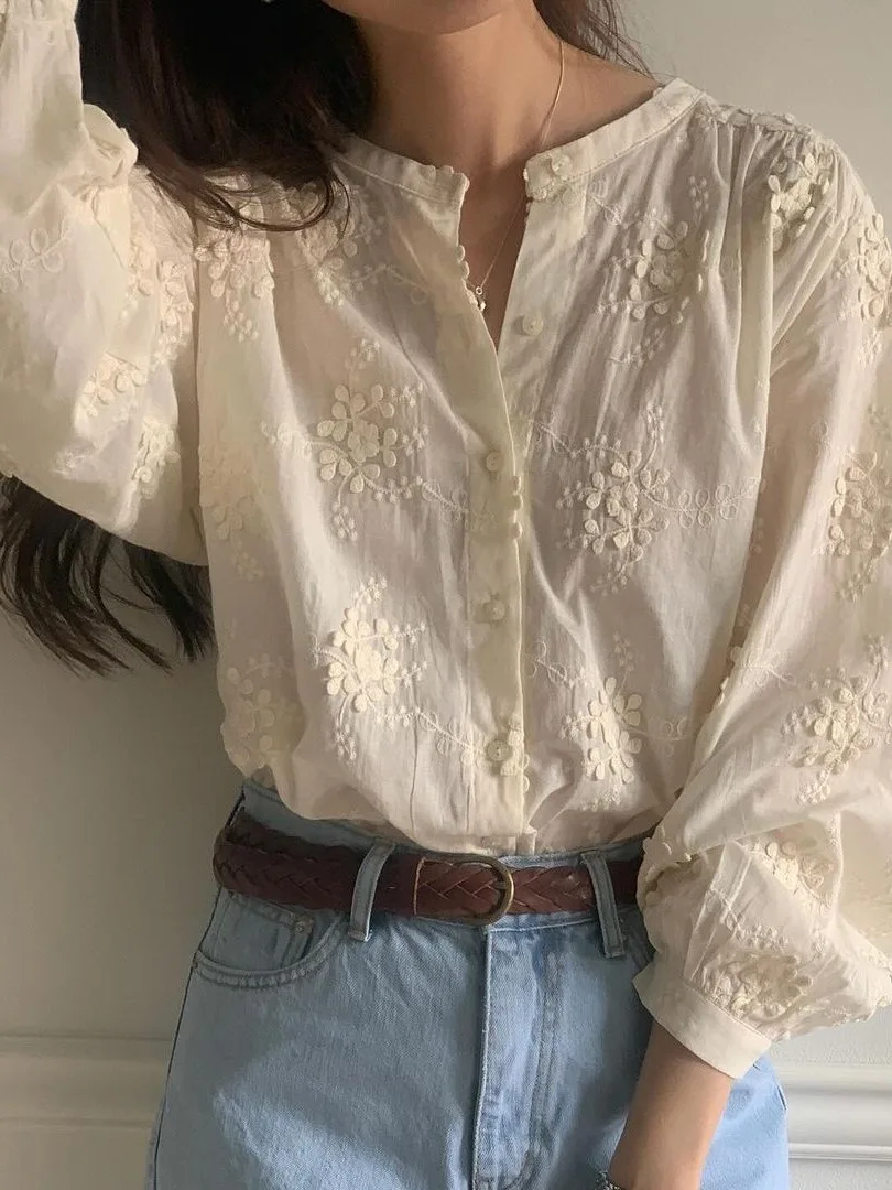 

Ele Spring Long Sve Embroidered Casual Stand Collar Women's irt Street Sle Loose Fit Single Button Floral Print