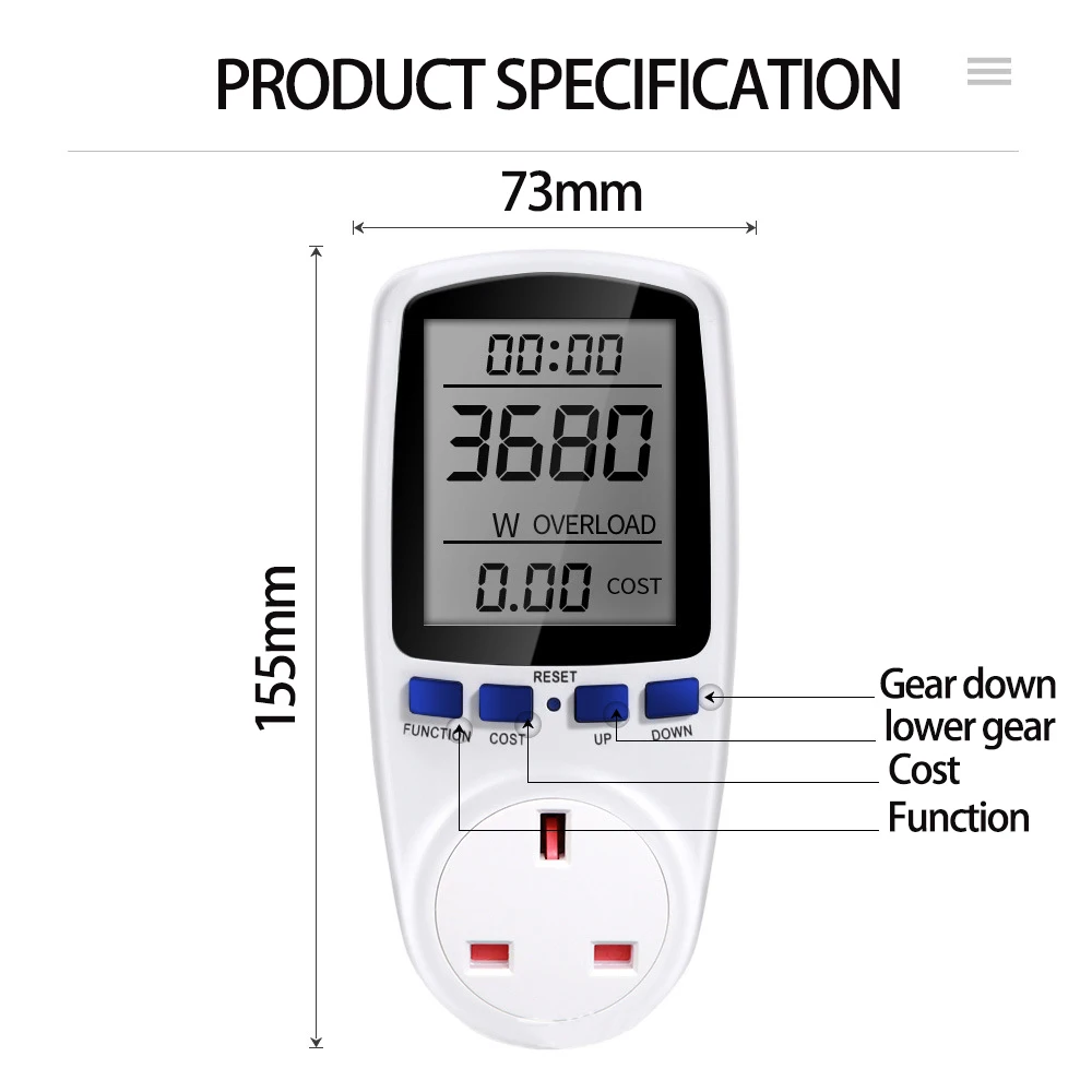 Medidor de potencia Digital LCD de 220V CA UE, vatímetro con toma de corriente Kwh, toma de corriente de medición, Analizador de potencia