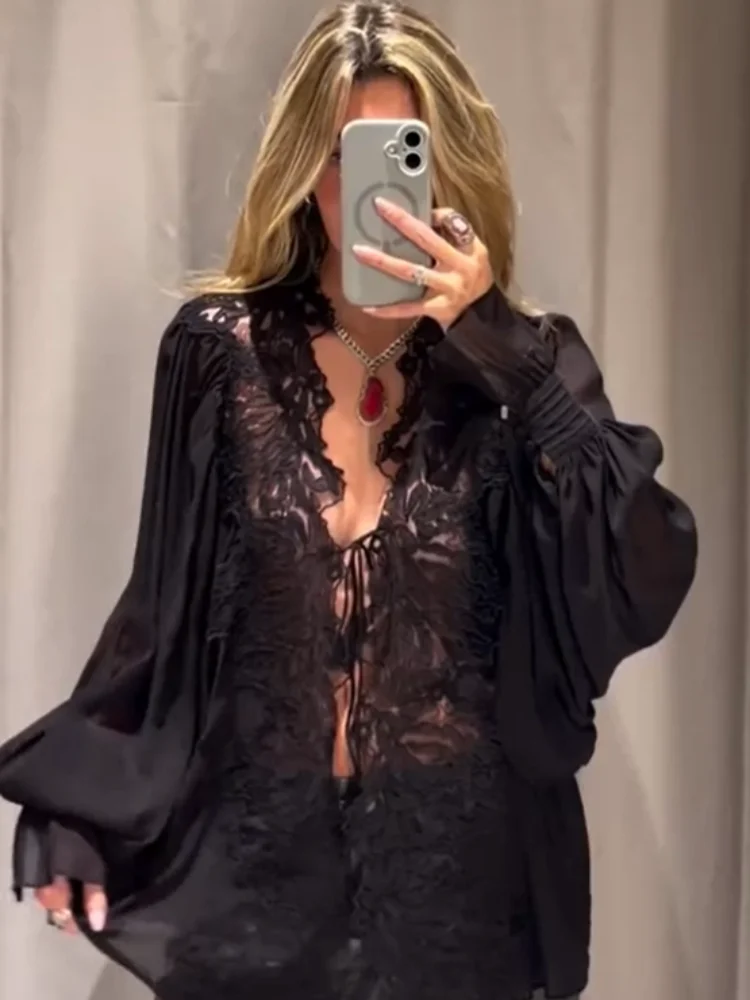 Women Ruffle V Neck Tie Front Flowy Blouse Brown Batwing Lantern Long Sleeve Loose Shirt Boho Chic Daily Vacation Street Wear