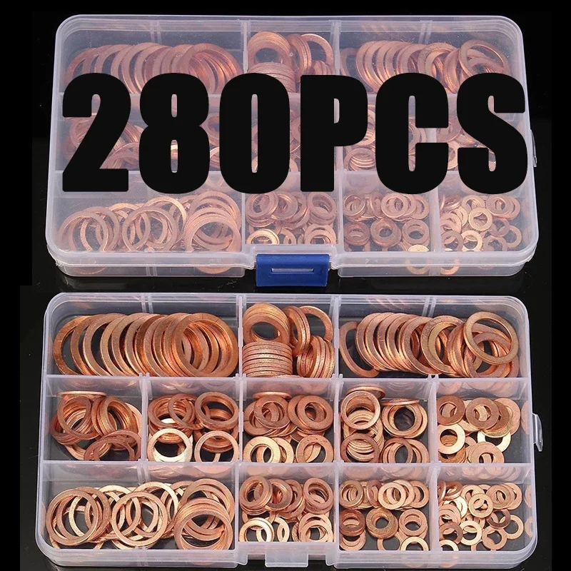 280pcs Copper Washers Copper Sealing Washer 12 Sizes Assorted Solid Copper Crush Washers Seal Flat Ring Set with Case