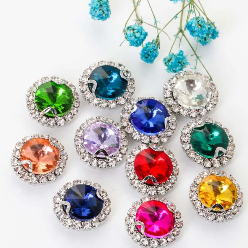 21 colori strass di cristallo di vetro, fibbia di forma rotonda inferiore argento, utilizzata per il cucito, accessori per cucire abbigliamento fai