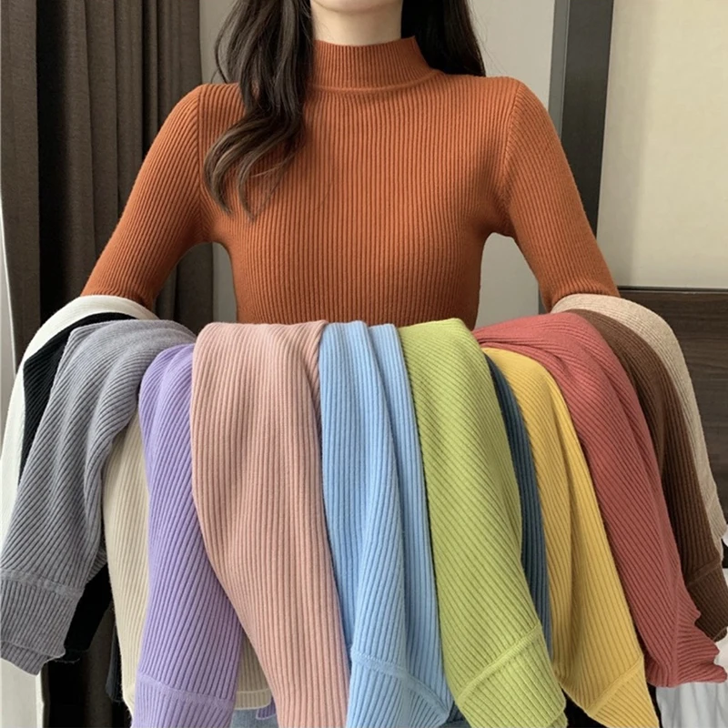 Knitt Half High Collar Round Neck Cotton Sweater Soft Smooth Cute Easy To Wear Pullover