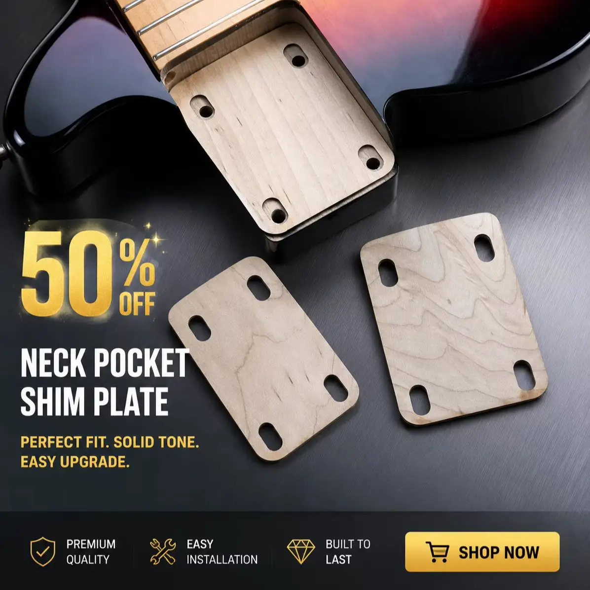 Guitar Neck Shims Set - Set of 3 Wooden Shims for Bolt-On Neck Adjustment - 0.25° 0.5° 1° - Guitar Accessories