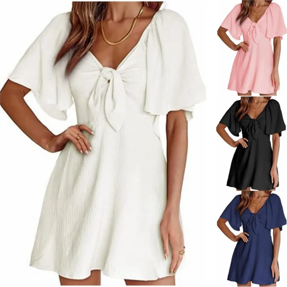 2026 All-match Women's Casual Dresses A-line Dress Vestidos Solid Color Slim Simple Style V-link Leace-up Pleated Short Sleeves