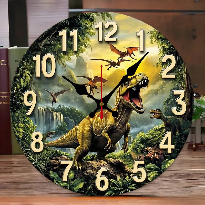 Dinosaur Forest Wooden Round Silent Hanging Wall Clock, Suitable For Living Room, Office, Study Room, Bedroom, Home Decoration
