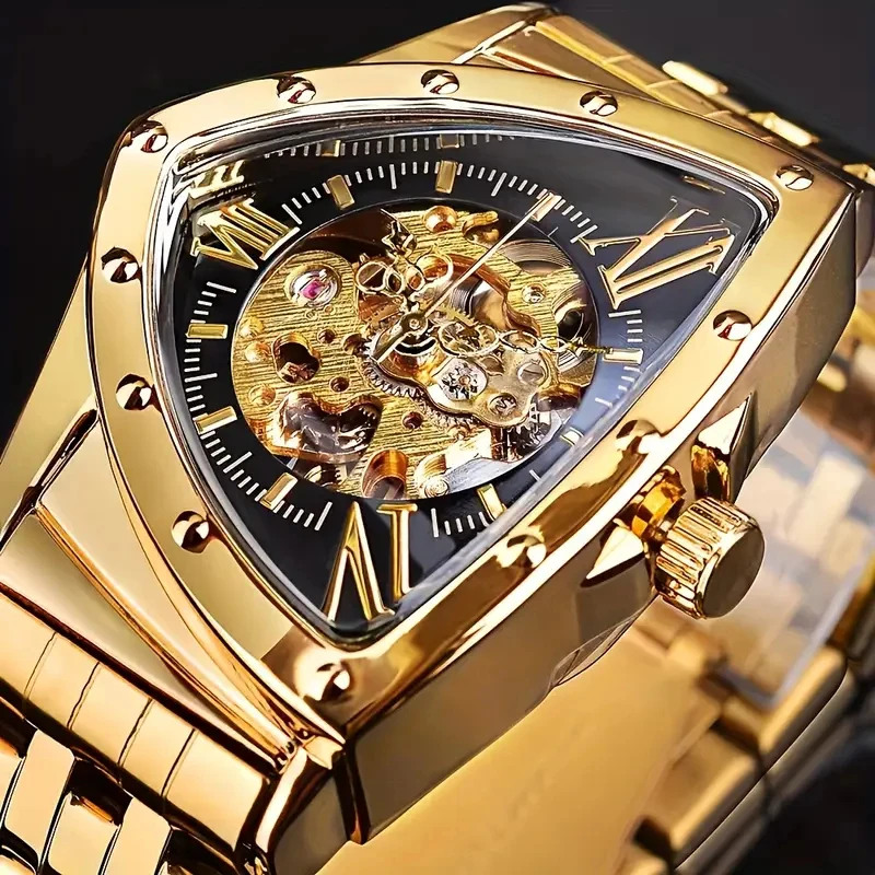 [Luxury Triangle Watch] High-Value Luxury Mechanical Watch - Triangle Personalized Men's Watch with Skeleton Design, Waterproof Stainless Steel Strap, Hip-Hop Street Style Trendy Men's Wristwatch, the Best Gift for Him