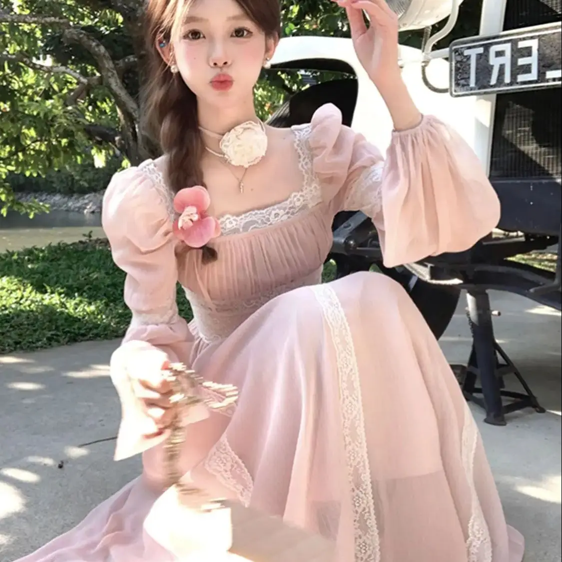 

Korea Sweet Lace Square Collar Chiffon Dress Women Spring Summer New Style Waist-Hugging Slim Gentle Style Long Skirt