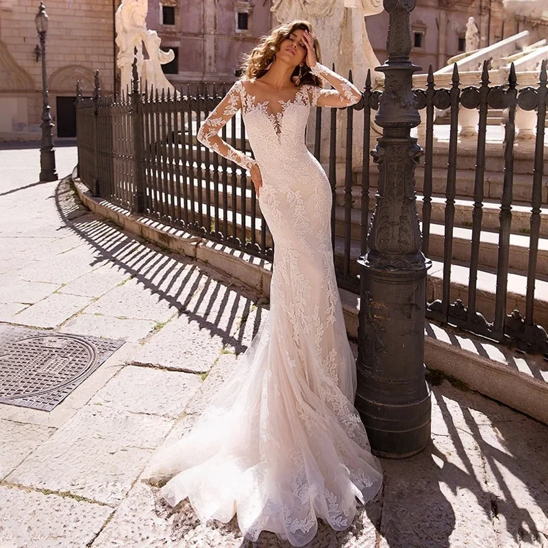 Gaun Pengantin Dapat Dilepas Putri Duyung Lengan Panjang Renda Boho Dubai Arab Saudi Israel Gaun Pengantin Gaun Pengantin Vestido De Novia Disesuaikan