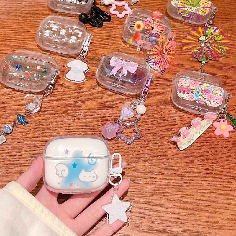 cartoon case For Samsung Galaxy buds 3 / buds 3 pro case fashion Flower pattern Keychain Silicone Transparent Earphone Cover