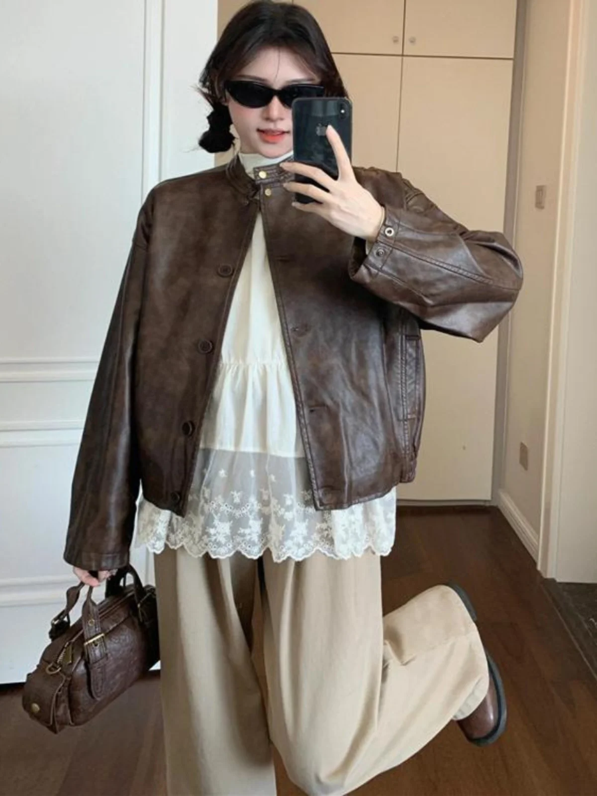 

Women's Biker Jaet ort Loose Fit Vintage Design Leather Coat Spring Autumn Stand Collar Motorbike Sle Ladies Outerwear