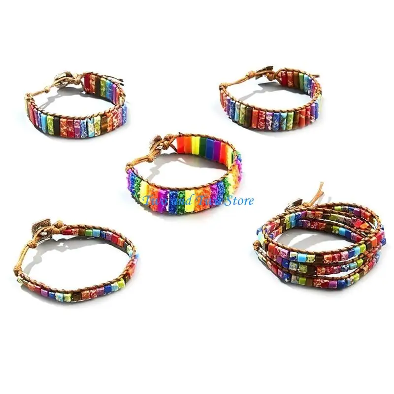 HX6F Multicolor Bracelet Jewelry Handmade Multi Natural Stone Tube Beads Leather Wrap Bracelet Couples Bracelets for Adult