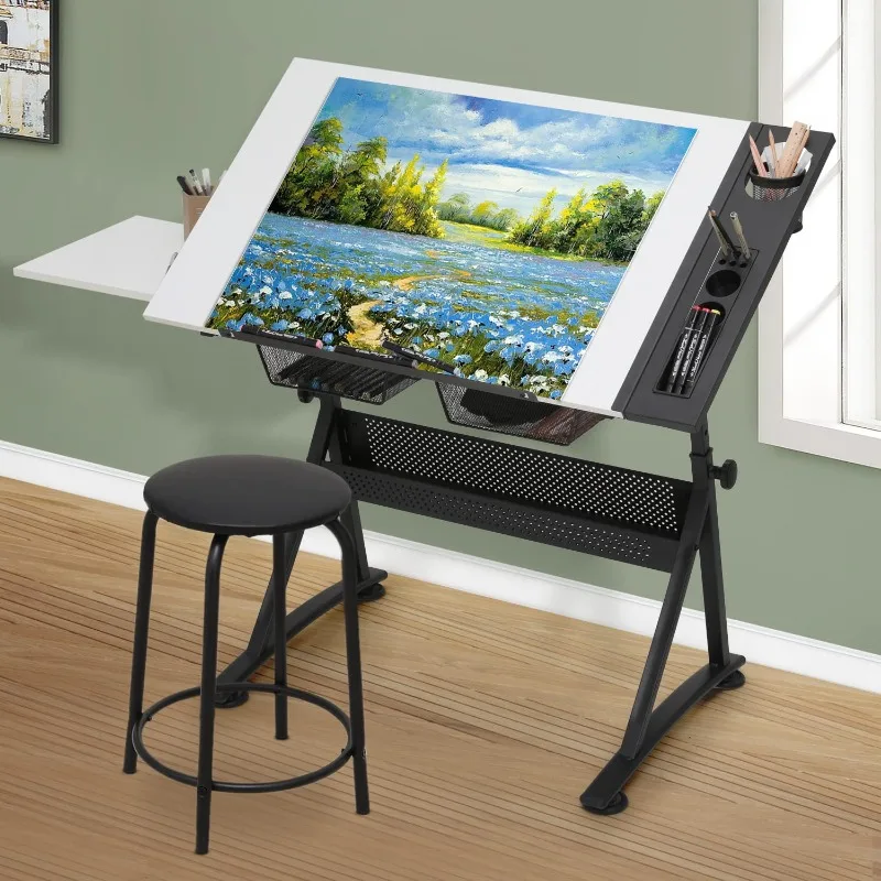 Drafting Table, Height-Adjustable, Tiltable Tabletop, Stool for Reading Writing Painting, Homeschooling Desk for Children.