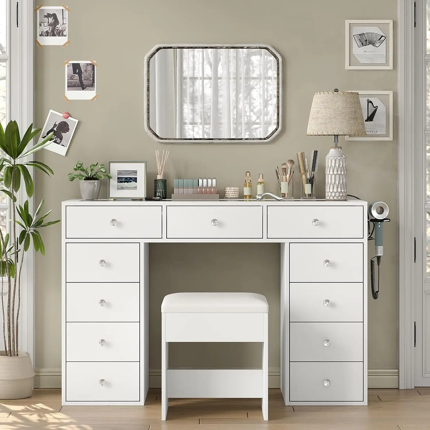 Vanity Desk Without Mirror, Glass Top Makeup Vanity with 11 Drawers & Charging Station, Modern Vanity with Chair, Customized