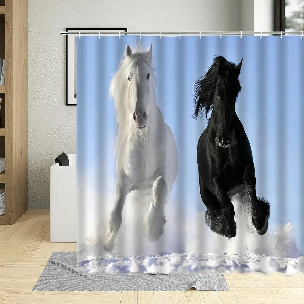 Grassland Animal Horse Shower Curtain Black White Horses Running Snowfield Horse Group Competition Bathroom Decor Curtains Hooks