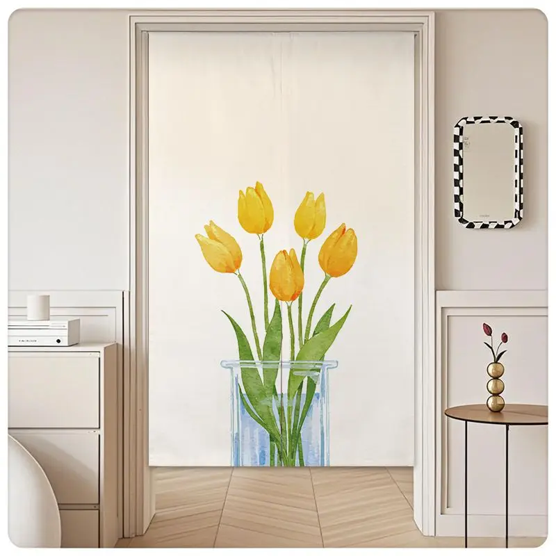 VIKAMA Nordic Door Curtain Watercolor Yellow Tulip Glass Vase Print Half Curtain Room Divider Kitchen Bedroom Bathroom Living